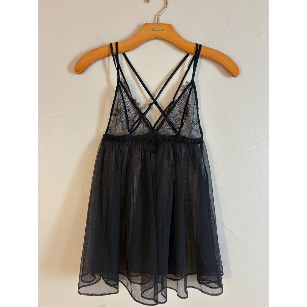 Victoria's Secret Black Lace Mesh Babydoll Lingerie XS Cross Back 390794-093
